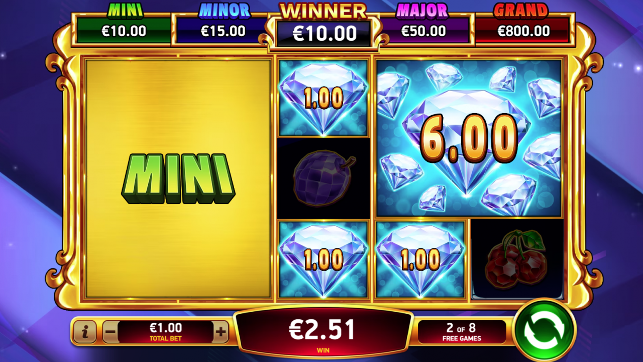 Mini Jackpot awarded during the Explosive Free Games feature in Diamond Explosion 7s, highlighting a significant win.