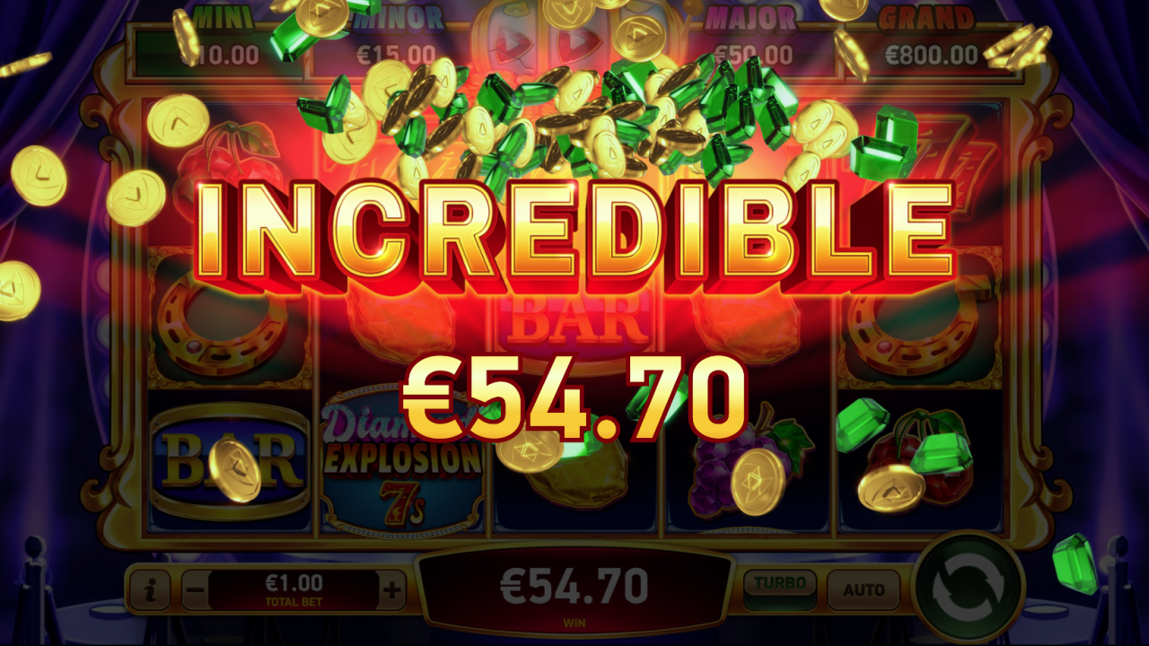 Big Win screen in Diamond Explosion 7s, featuring a massive payout and celebratory graphics.