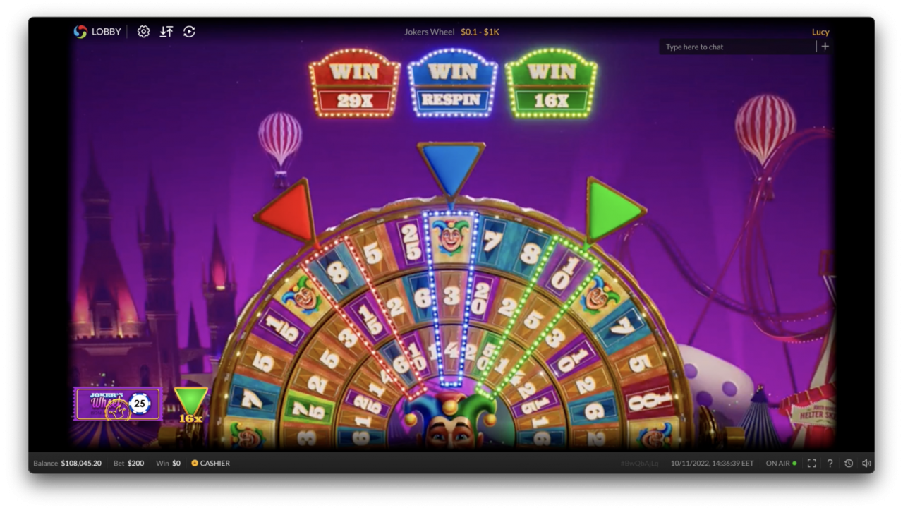 Visão detalhada do resultado do giro em Joker's Wheel, da Skywind, mostrando o segmento de prêmio atingido na roda.