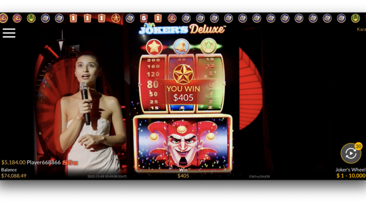 Uma vitória é exibida em Joker's Wheel, da Skywind, mostrando um giro bem-sucedido com grandes recompensas na roda.