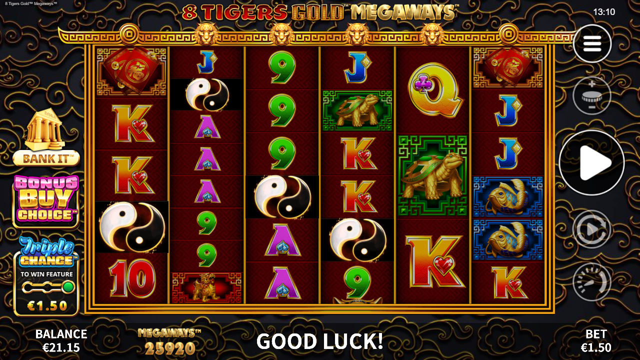 8 Tigers Gold Megaways - Base Game Screenshot A screenshot showcasing the base game layout and symbols in 8 Tigers Gold Megaways
