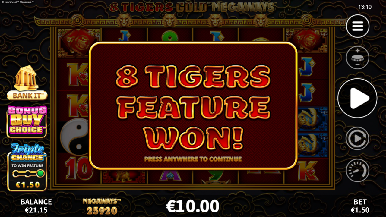 8 Tigers Gold Megaways - Free Games Trigger Image capturing the moment when the Free Games feature is triggered in 8 Tigers Gold Megaways.