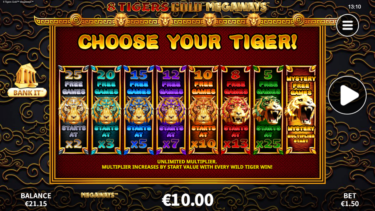 8 Tigers Gold Megaways - Player Picking Free Games Option Screenshot showing the player selecting their preferred Free Games option in 8 Tigers Gold Megaways