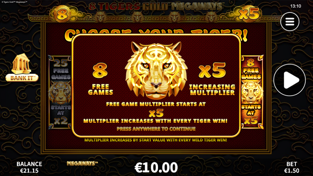8 Tigers Gold Megaways - Mystery Free Games Option Image displaying the Mystery option for Free Games in 8 Tigers Gold Megaways.
