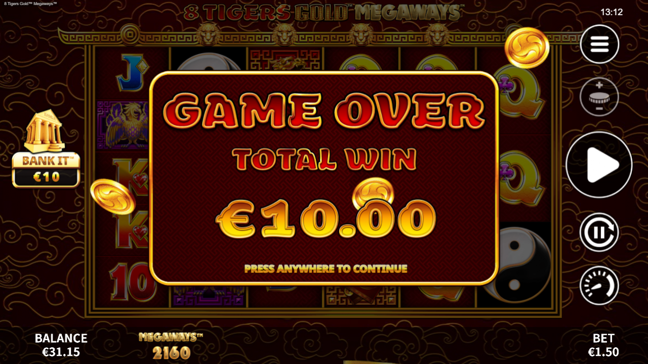8 Tigers Gold Megaways - Free Games Win Screenshot of a winning spin during the Free Games feature in 8 Tigers Gold Megaways.