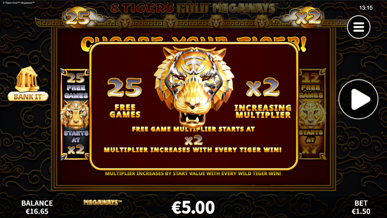 8 Tigers Gold Megaways - 25 Free Games Awarded Image showing the player being awarded 25 Free Games in 8 Tigers Gold Megaways.