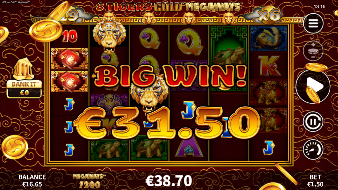 8 Tigers Gold Megaways - Big Win Screenshot of a Big Win occurring in 8 Tigers Gold Megaways.