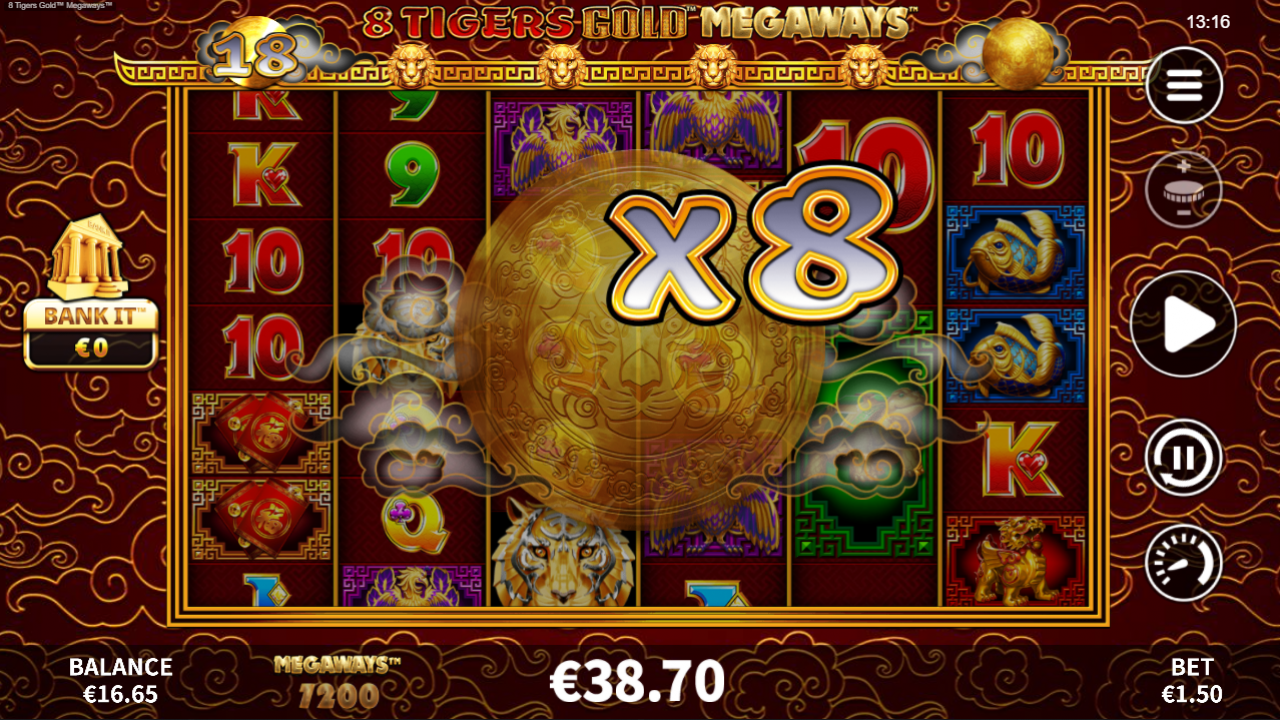 8 Tigers Gold Megaways - Free Games Multiplier Increase Image showing the multiplier increasing during the Free Games feature in 8 Tigers Gold Megaways