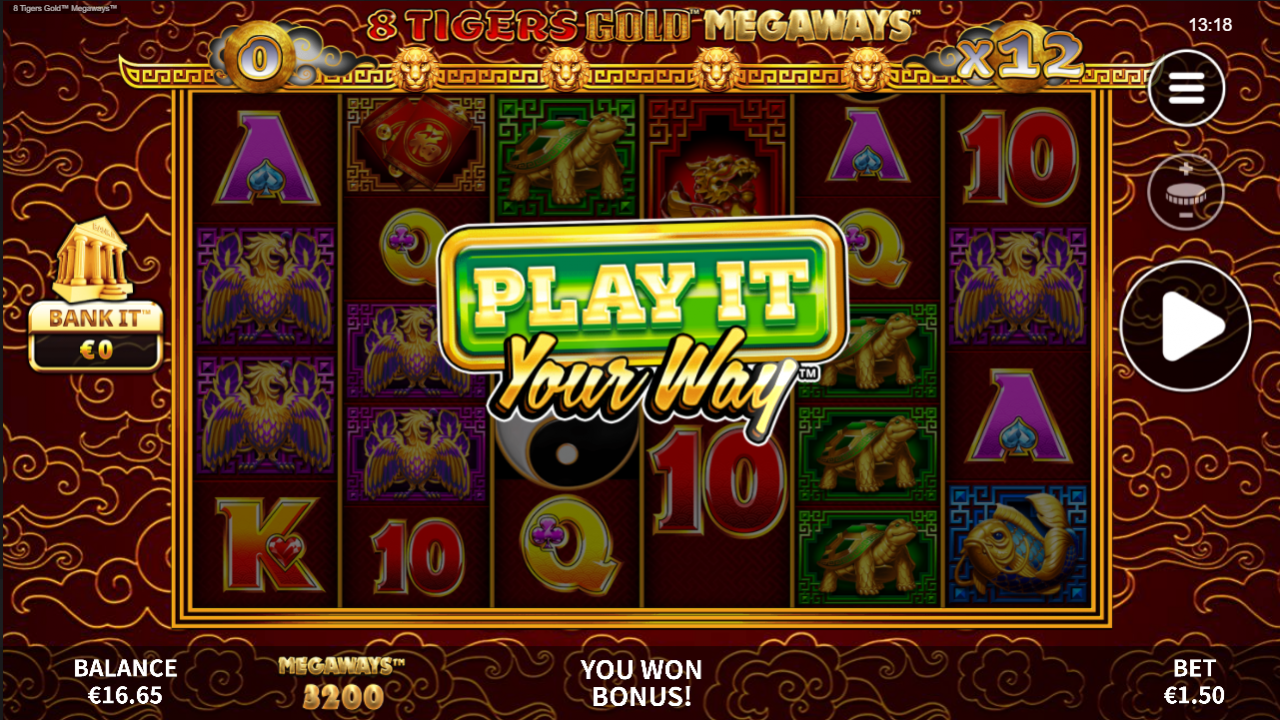 8 Tigers Gold Megaways - Play It Your Way Feature Screenshot of the Play It Your Way feature where players can gamble their Free Games winnings in 8 Tigers Gold Megaways