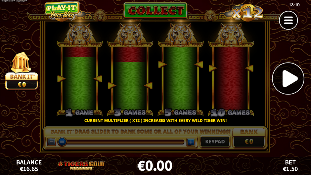8 Tigers Gold Megaways - Play It Your Way Gamble Image showing the gamble option within the Play It Your Way feature in 8 Tigers Gold Megaways.