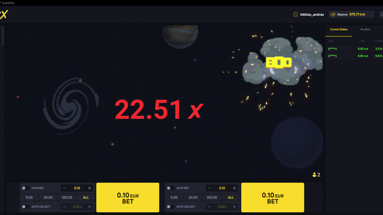 JetX crash game screen showing 22x multiplier at the end game, leading to huge payout opportunities