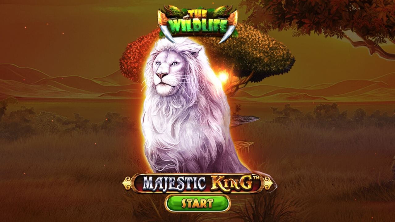 Tela de boas-vindas do jogo de slot Majestic King, da Spinomenal, apresentando um majestoso leão e o cenário da savana africana.