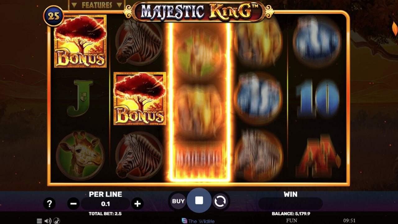 Momento emocionante no início do jogo bônus no slot Majestic King, da Spinomenal, com jogadores em busca de altos multiplicadores.