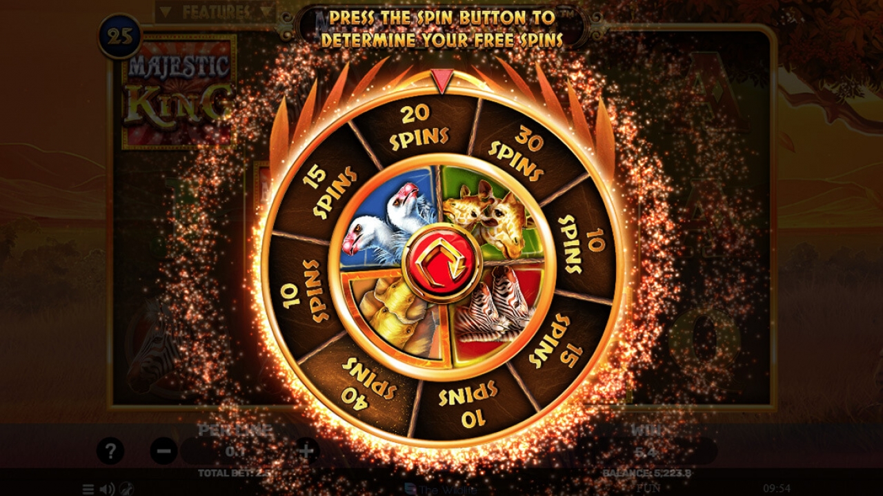 Roda da Fortuna decidindo os Giros Grátis e os símbolos duplos no recurso de Jogos Grátis do slot Majestic King.