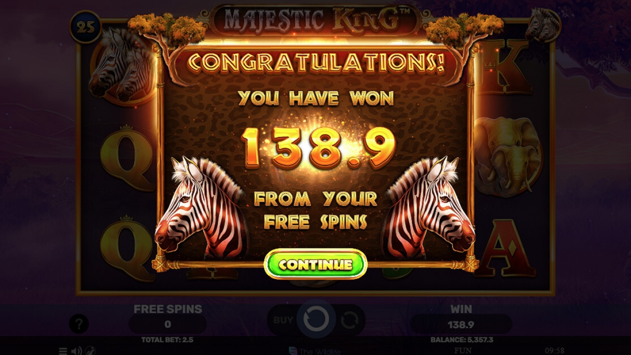 Tela de ganhos totais após os Jogos Grátis em Majestic King, exibindo as recompensas obtidas com o recurso da Roda da Fortuna.