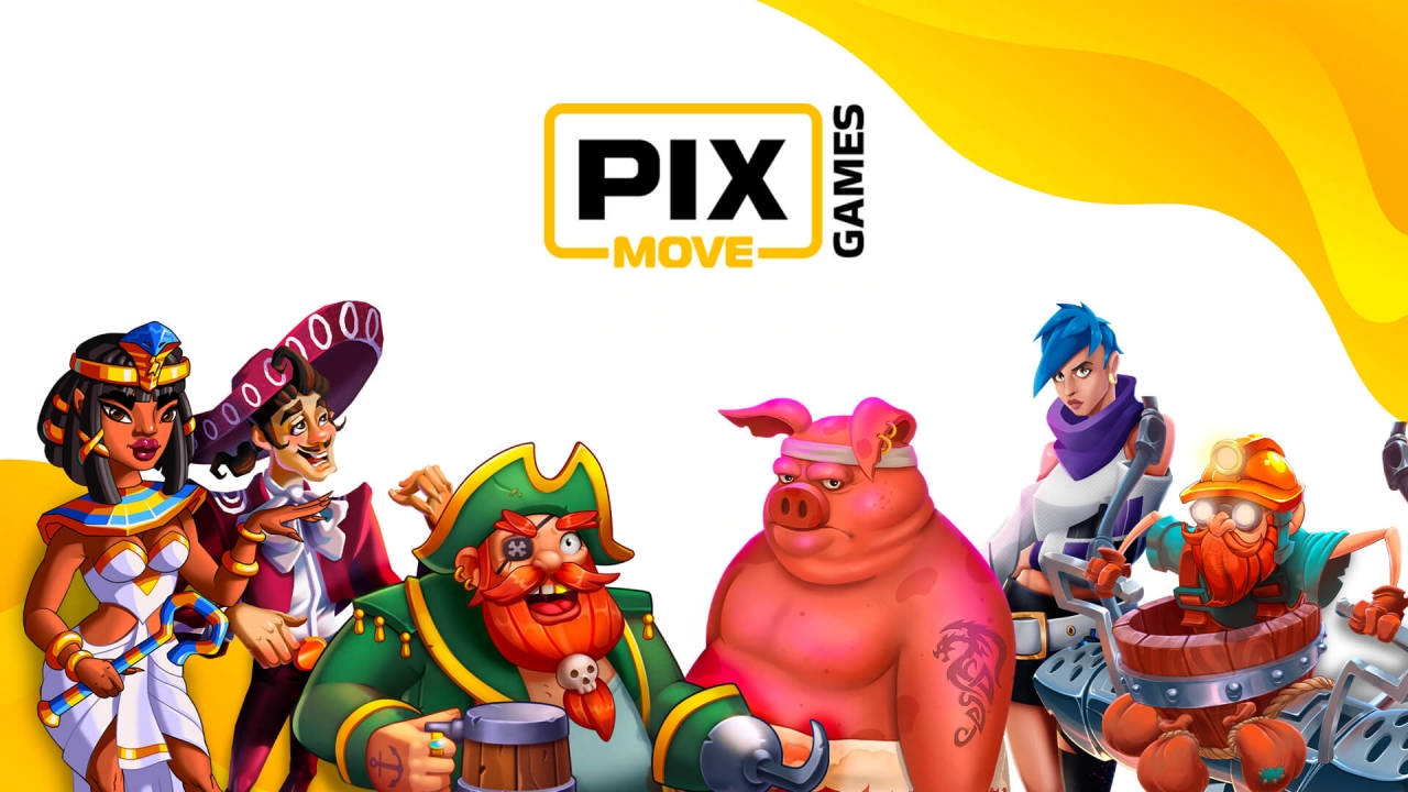 Banner de Pixmove con personajes de Los Enamorados, Ha-Ha-Hamster y Neon Ferocity — gameplay mobile-first y de alta energía