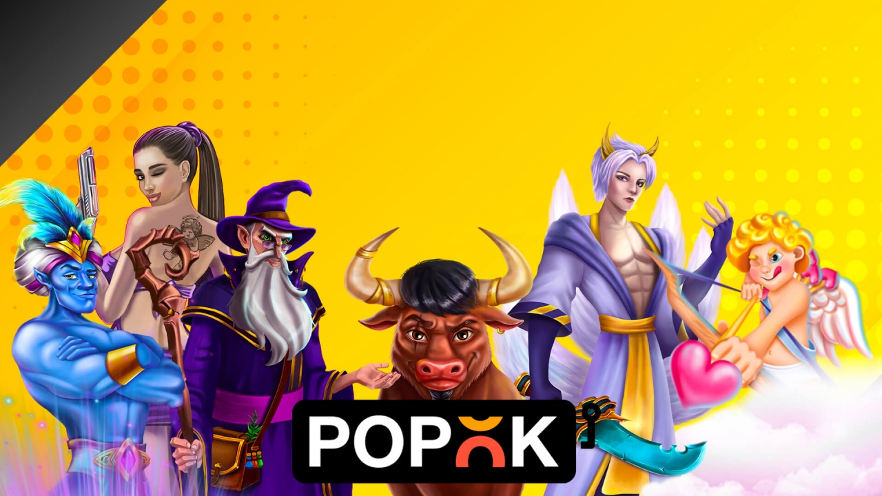 Banner da PopOK Gaming destacando sua diversidade de jogos de cassino, incluindo slots, crash games e jogos ao vivo, com jackpots ricos e jogabilidade contínua.