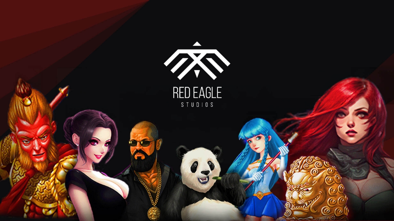 Red Eagle Studios banner featuring illustrated characters including a warrior, panda and fantasy characters around the provider logo