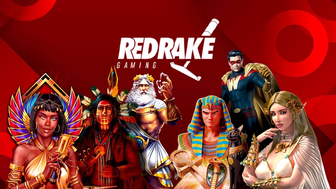 Banner da Red Rake Gaming destacando sua extensa gama de jogos, incluindo slots, video poker, bingo e jogos de mesa.