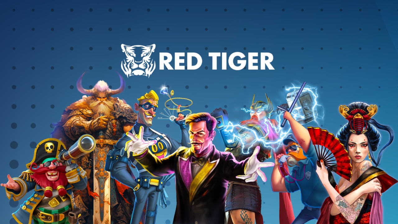 Banner da Red Tiger, com destaque para sua extensa coleção de jogos de cassino, incluindo slots e jogos de mesa.