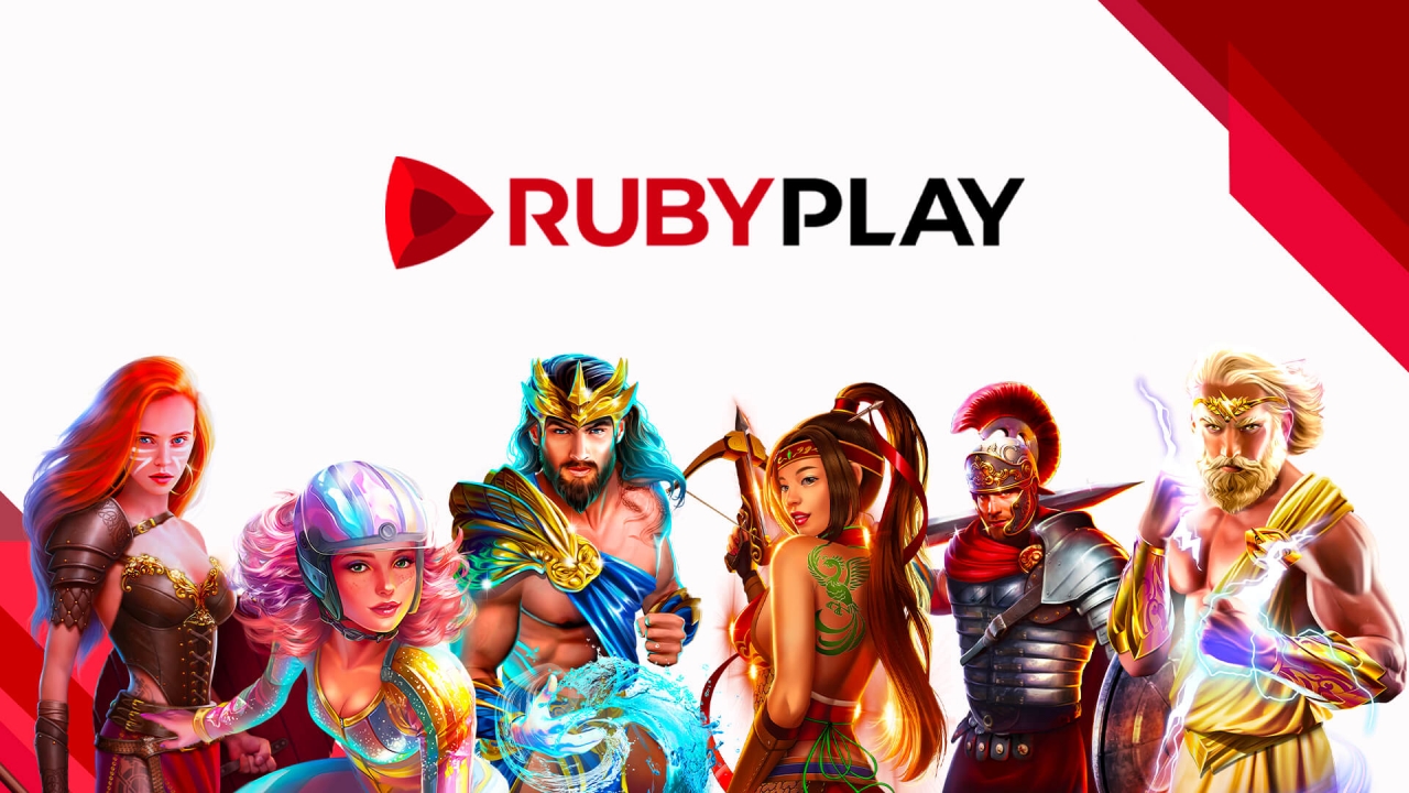 Banner da RubyPlay, um fornecedor de jogos que oferece slots inovadores e emocionantes com temas envolventes e recursos especiais.