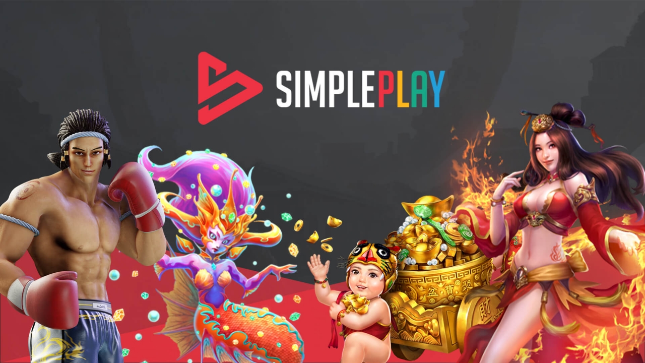 Colagem de personagens de slots e jogos de pesca da SimplePlay com arte vibrante e estilo asiático