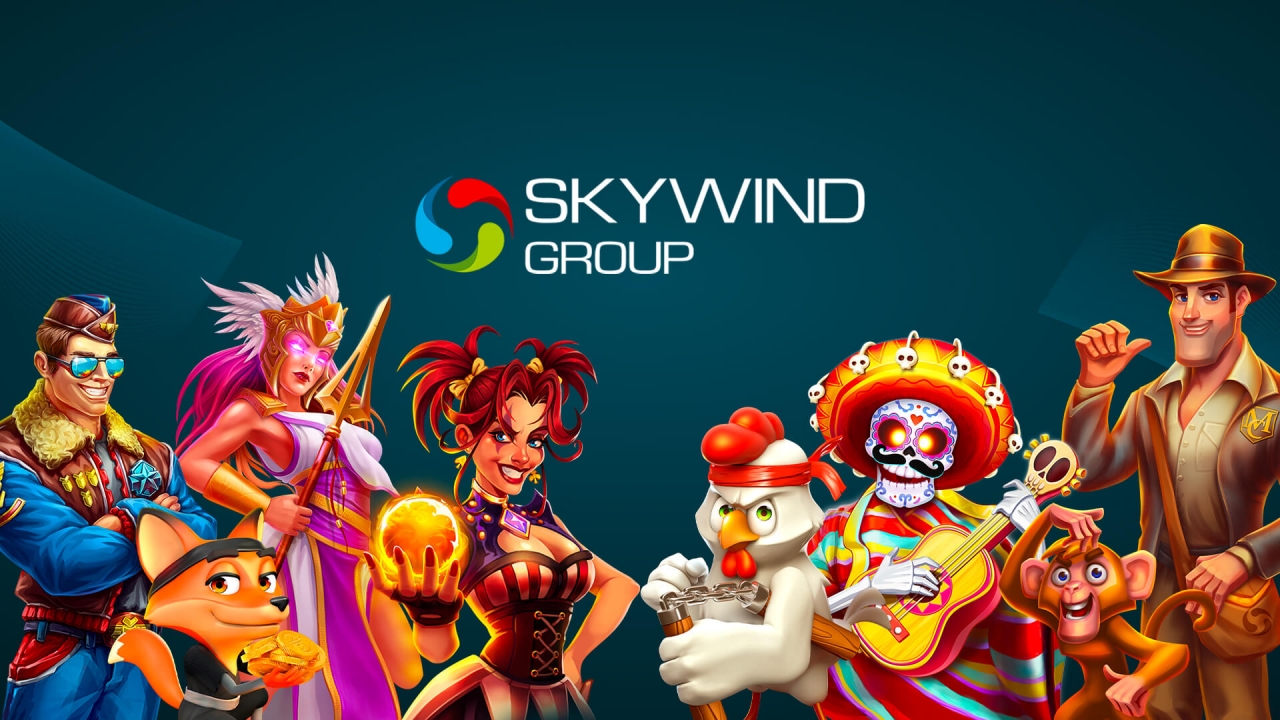 Banner de SkyWind Group, mostrando su amplio portafolio de juegos de tragamonedas, mesa y en vivo