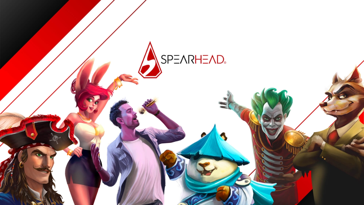 Banner da Spearhead Studios, oferecendo mais de 70 jogos premium, com funcionalidades exclusivas como giro grátis, re-giros e jogos bônus.