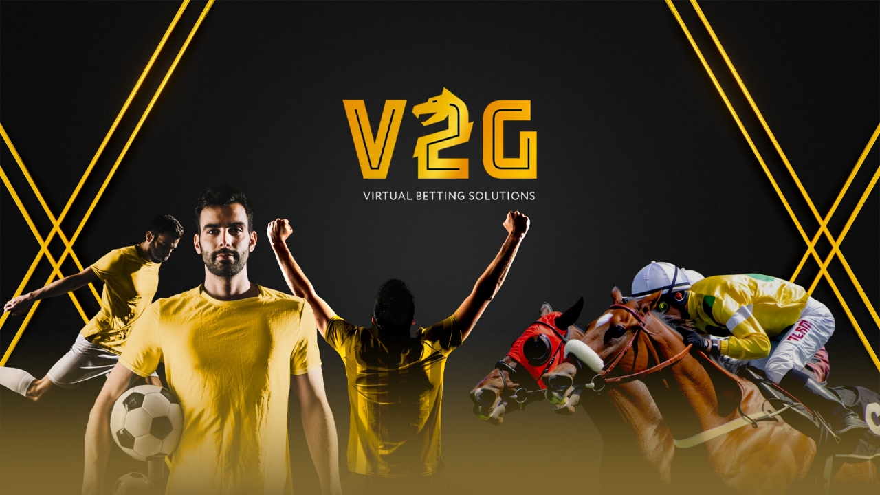 Banner de V2G mostrando deportes virtuales como fútbol, carreras de caballos y carreras de galgos, con gráficos de alta calidad y experiencia inmersiva.