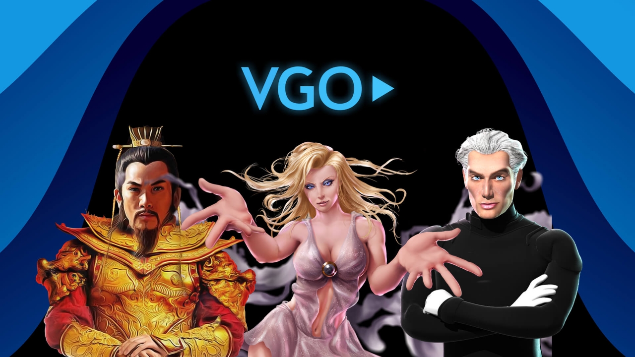 collage visual de personajes de tragamonedas de VGO Play y escenas de juego dinámicas diseñadas para plataformas de casino online