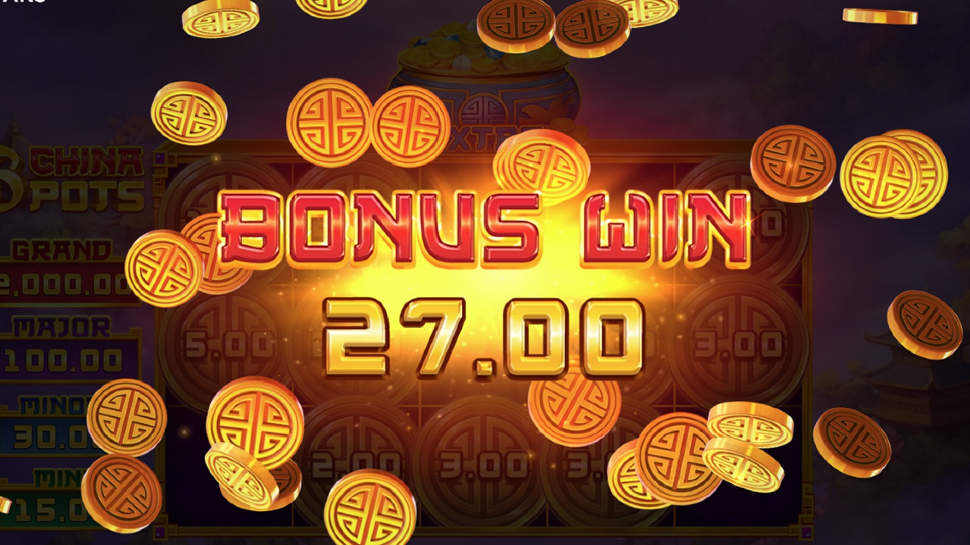 3 China Pots Bonus Game Win Win screen of the 3 China Pots slot game displaying the total rewards from the Hold & Win bonus feature.