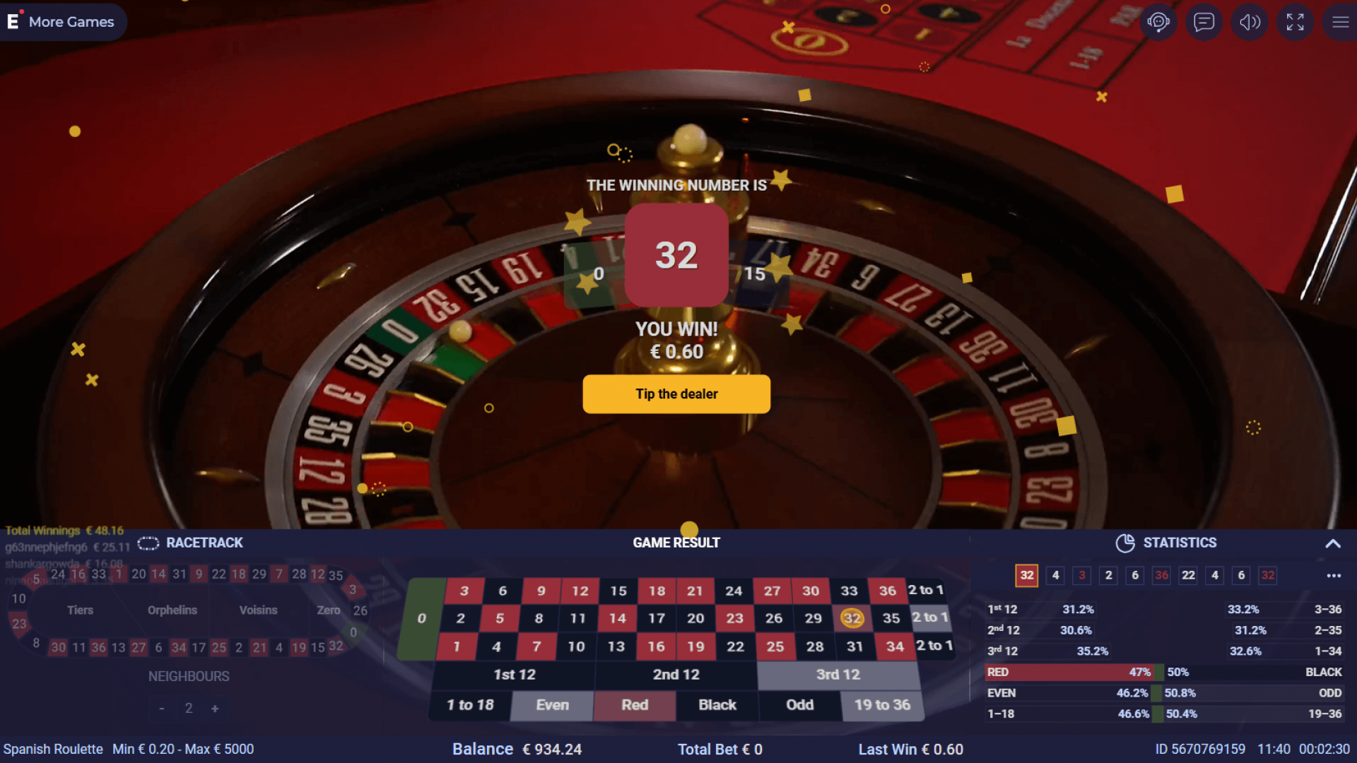 Ezugi Revolution Roulette – Interfaz Inmersiva de Casino en Vivo La elegante interfaz de Ezugi Revolution Roulette que muestra su diseño moderno para jugadores de casino en vivo en línea.