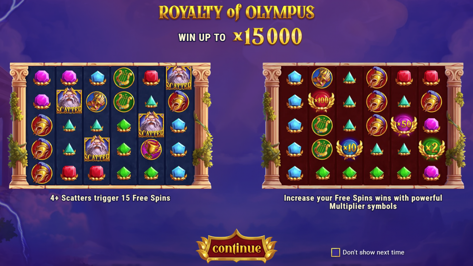 Royalty of Olympus – Pantalla de Introducción del Juego Pantalla de introducción de Royalty of Olympus, el juego tragamonedas de Barbara Bang, con Zeus y elementos de la mitología griega.