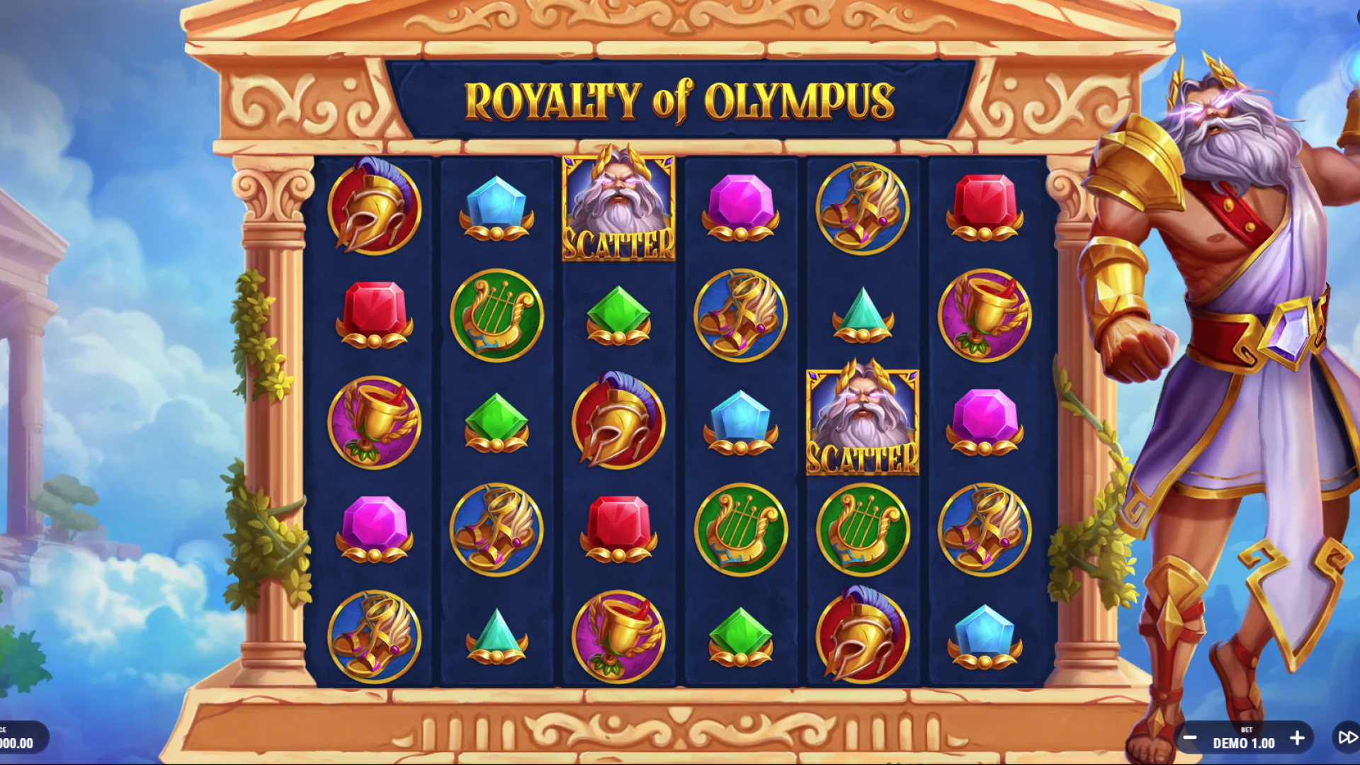 Royalty of Olympus – Juego Base en Acción Pantalla del juego base con símbolos vibrantes y carretes en cascada en Royalty of Olympus de Barbara Bang.