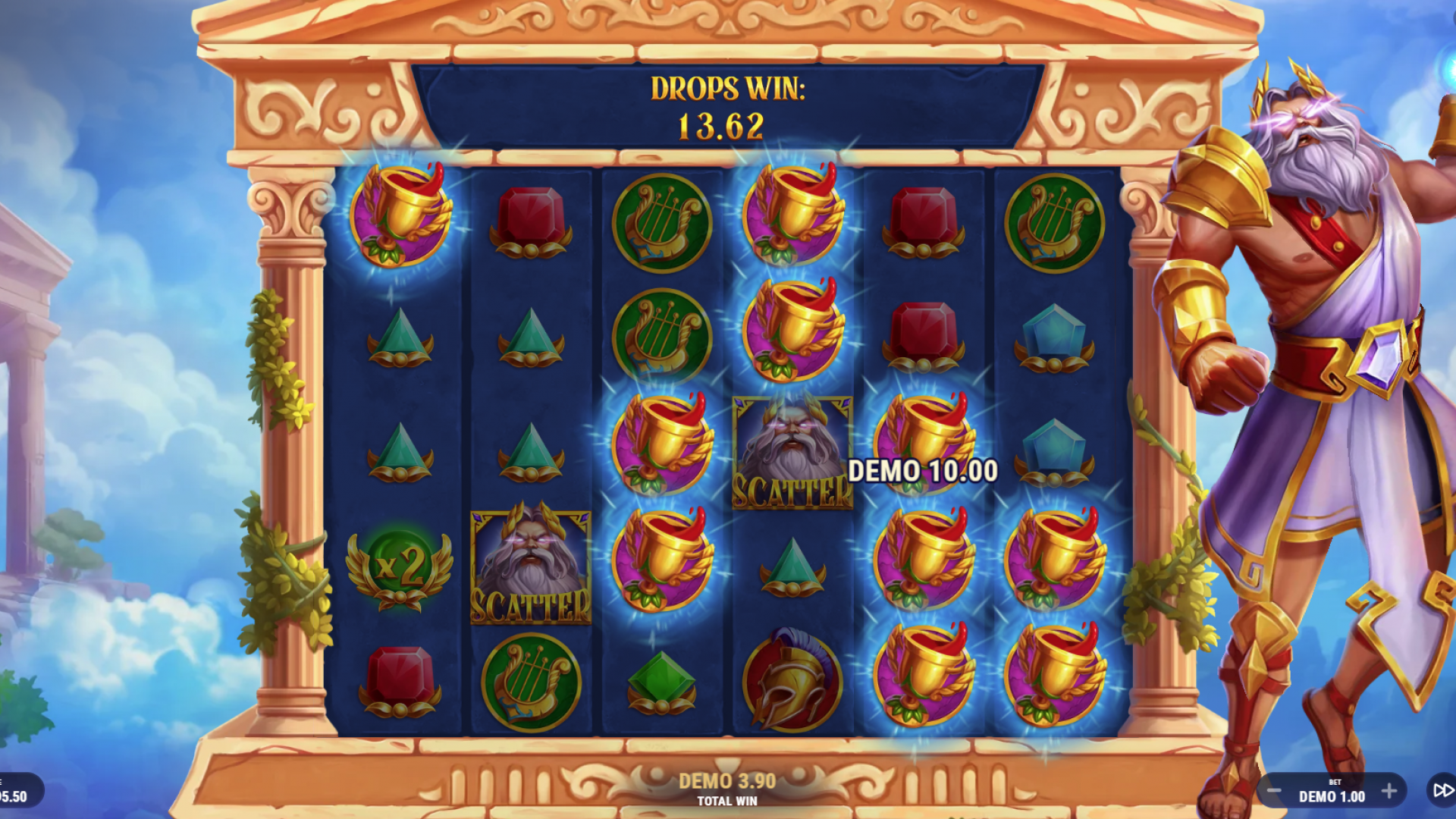 Royalty of Olympus – Caídas en Cascada en el Juego Base Función de caídas en cascada durante el juego base de Royalty of Olympus, mostrando la mecánica "Pay Anywhere".