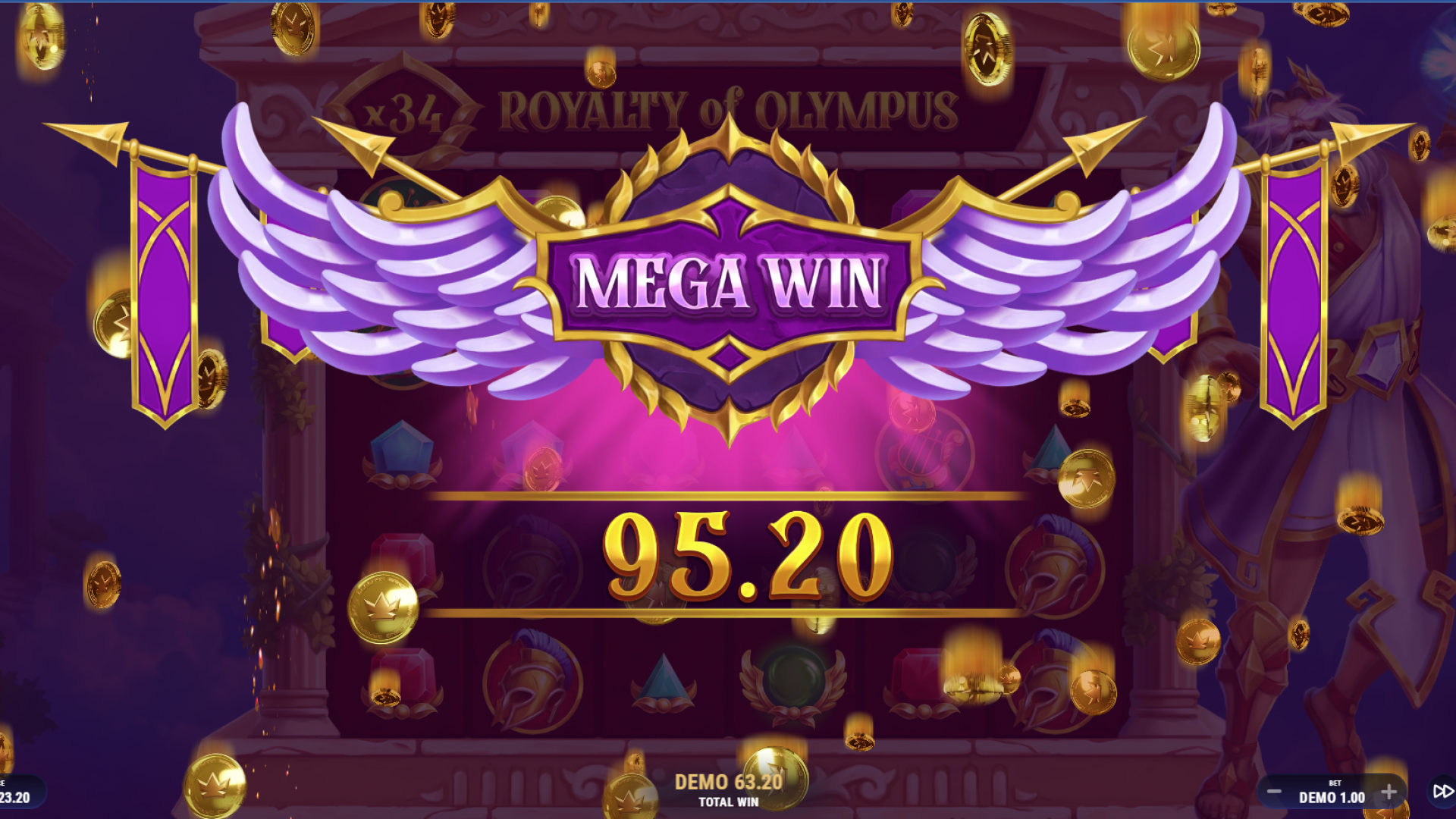 Royalty of Olympus – Mega Ganancia Durante los Giros Gratis Mega Ganancia conseguida durante los Giros Gratis con multiplicadores en Royalty of Olympus.