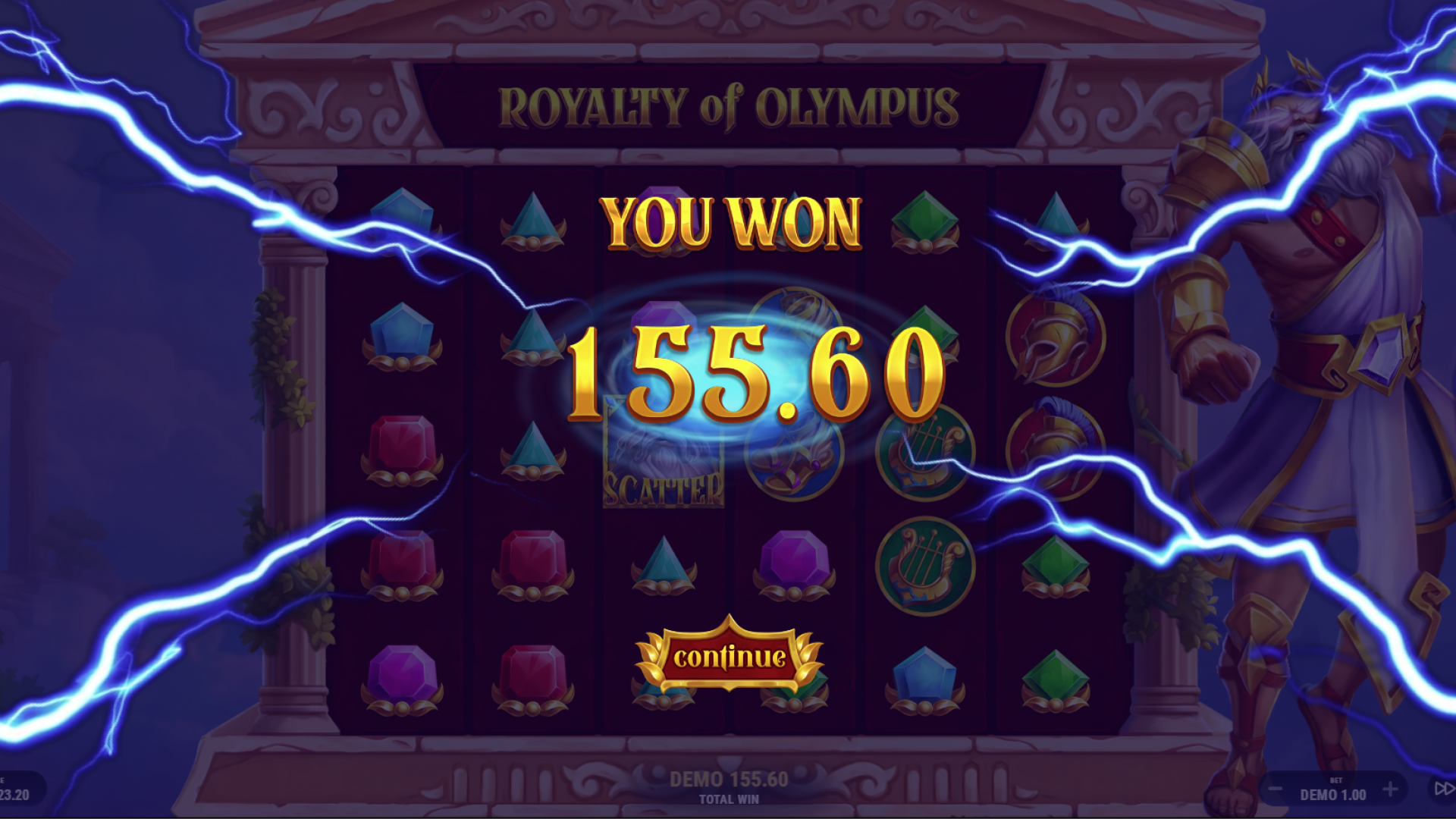 Royalty of Olympus – Resumen de Ganancias en los Giros Gratis Pantalla de resumen mostrando todas las ganancias obtenidas durante los Giros Gratis en Royalty of Olympus.
