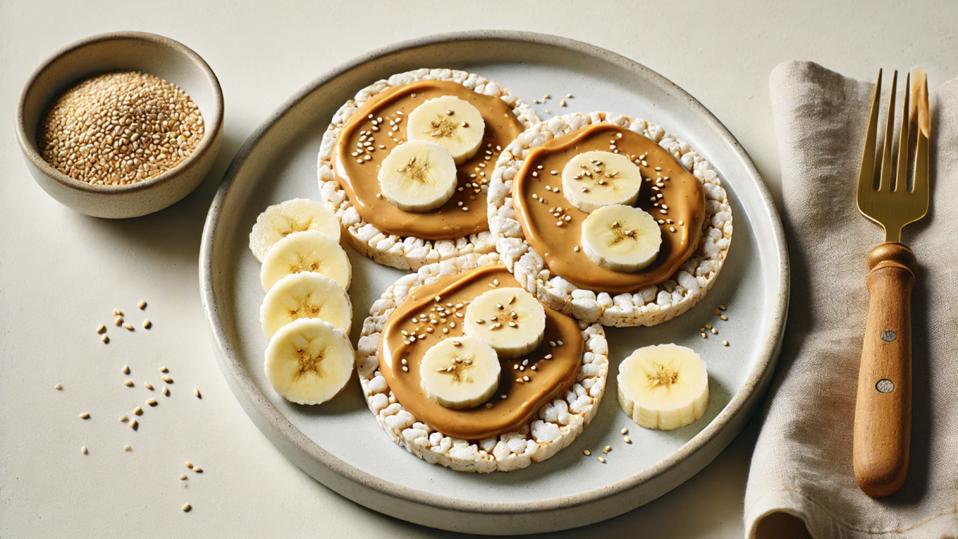 Galletas de arroz con mantequilla de maní Galletas de arroz con mantequilla de maní cremosa, servidas como un refrigerio rápido y saludable.