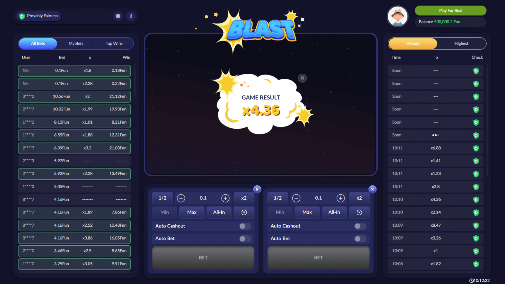 Resultado del Juego Blast – Resumen de Ganancia y Multiplicador Obtenido Visualización del resumen de ganancia con el resultado del multiplicador en el crash game Blast de Pascal Gaming