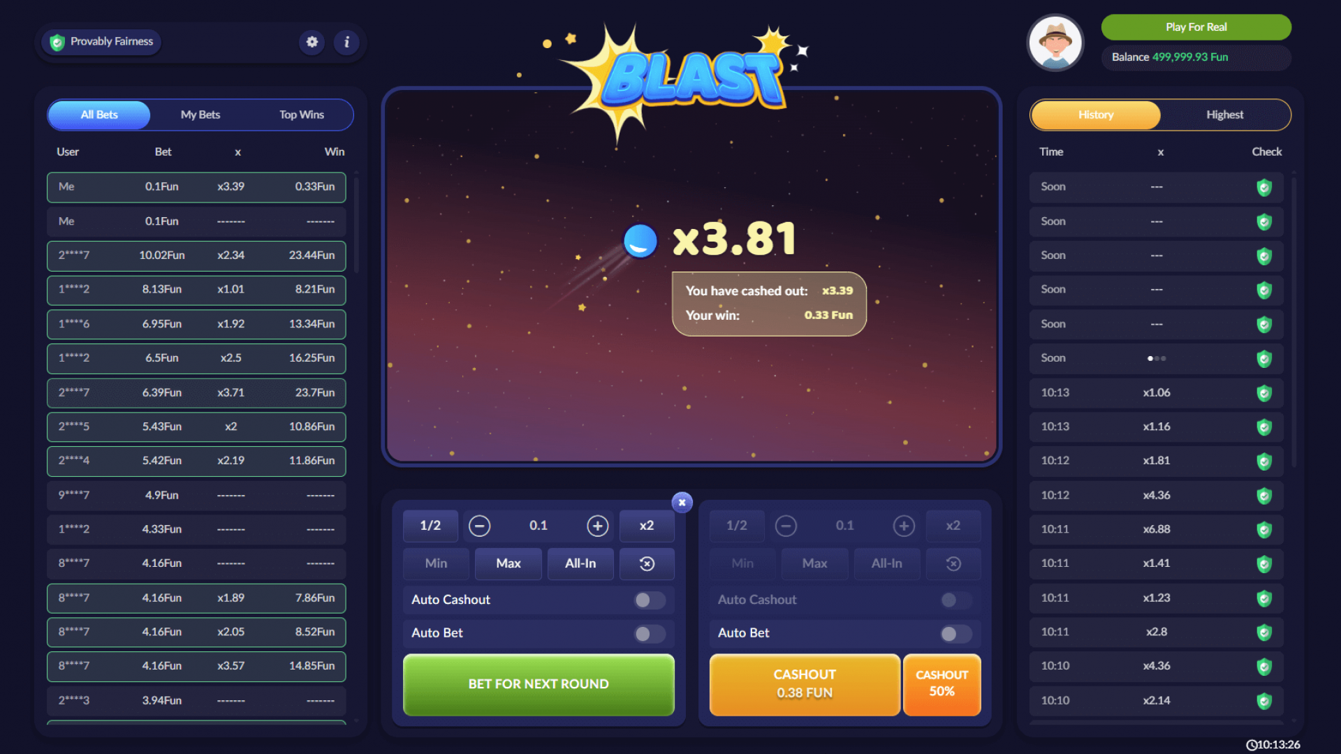 Destacado de Ganancia Media – Crash Game Blast de Pascal Gaming Mid-range win displayed during crash gameplay in Blast by Pascal Gaming