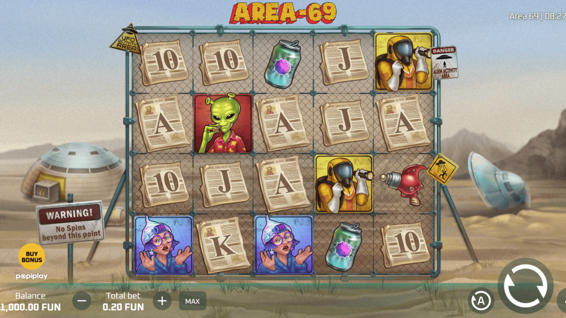 Base game screen of Area 69 with alien symbols and classic slot layout. Base game screen of Area 69 with alien symbols and classic slot layout.