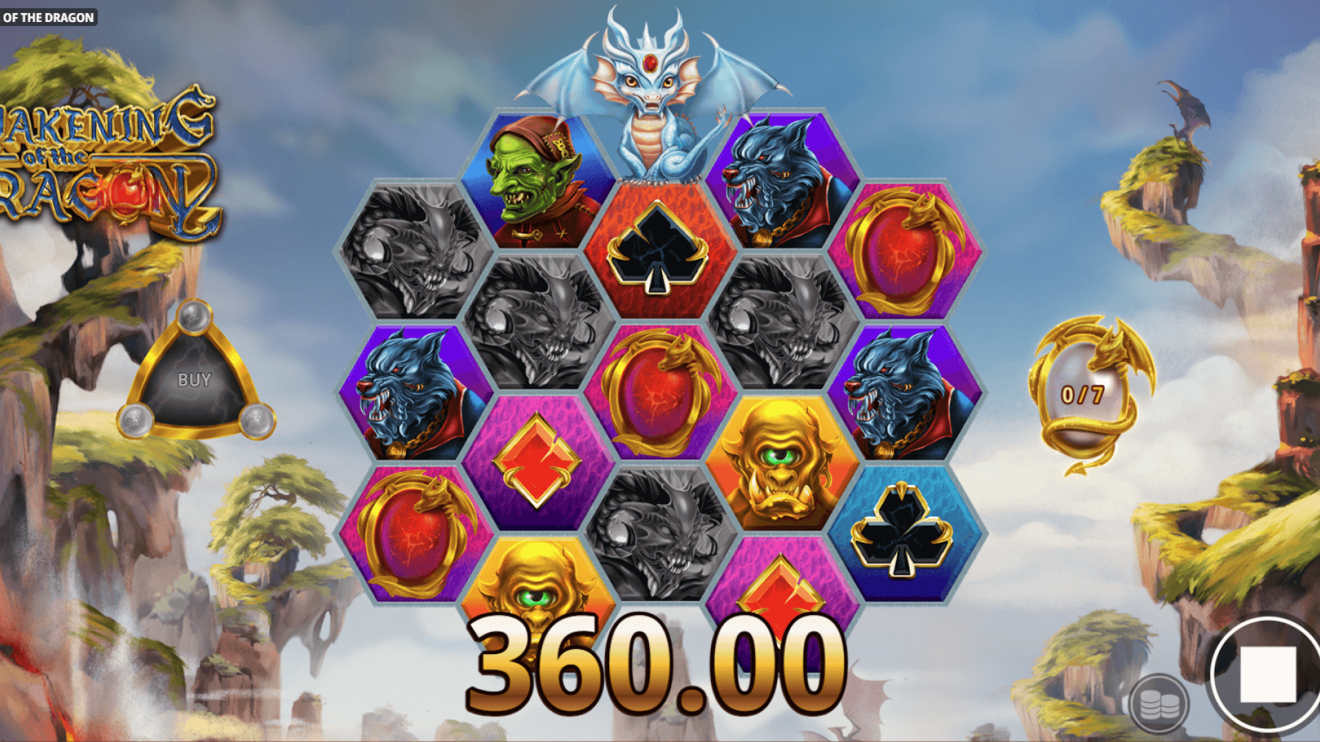 Awakening of the Dragon – Tela de Vitória no Jogo-Base Combinação vencedora no jogo-base com pagamento de 360,00 exibido na tela.