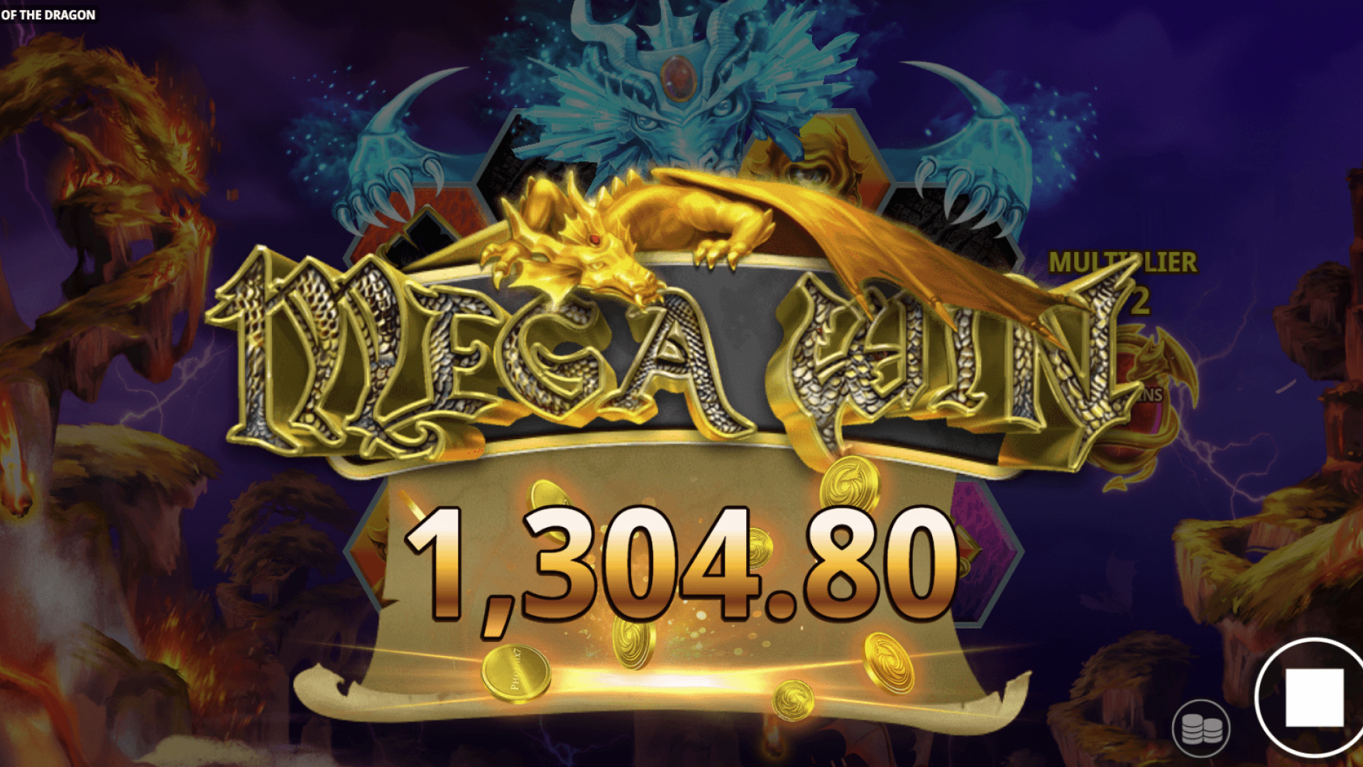 Awakening of the Dragon – Tela de Celebração de Mega Vitória Tela de Mega Vitória durante Rodadas Grátis com dragão dourado e pagamento de 1.304,80.