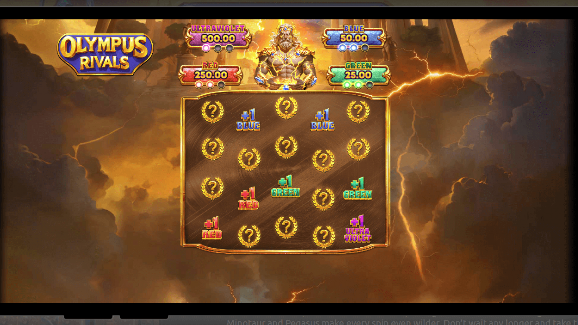 Olympus Rivals — Pick’em Board with Color Awards (Amigo Gaming) Pick’em grid showing mystery tokens and Blue/Red/Green/Ultraviolet awards—engaging bonus round in Amigo Gaming’s Olympus Rivals for iGaming operators.
