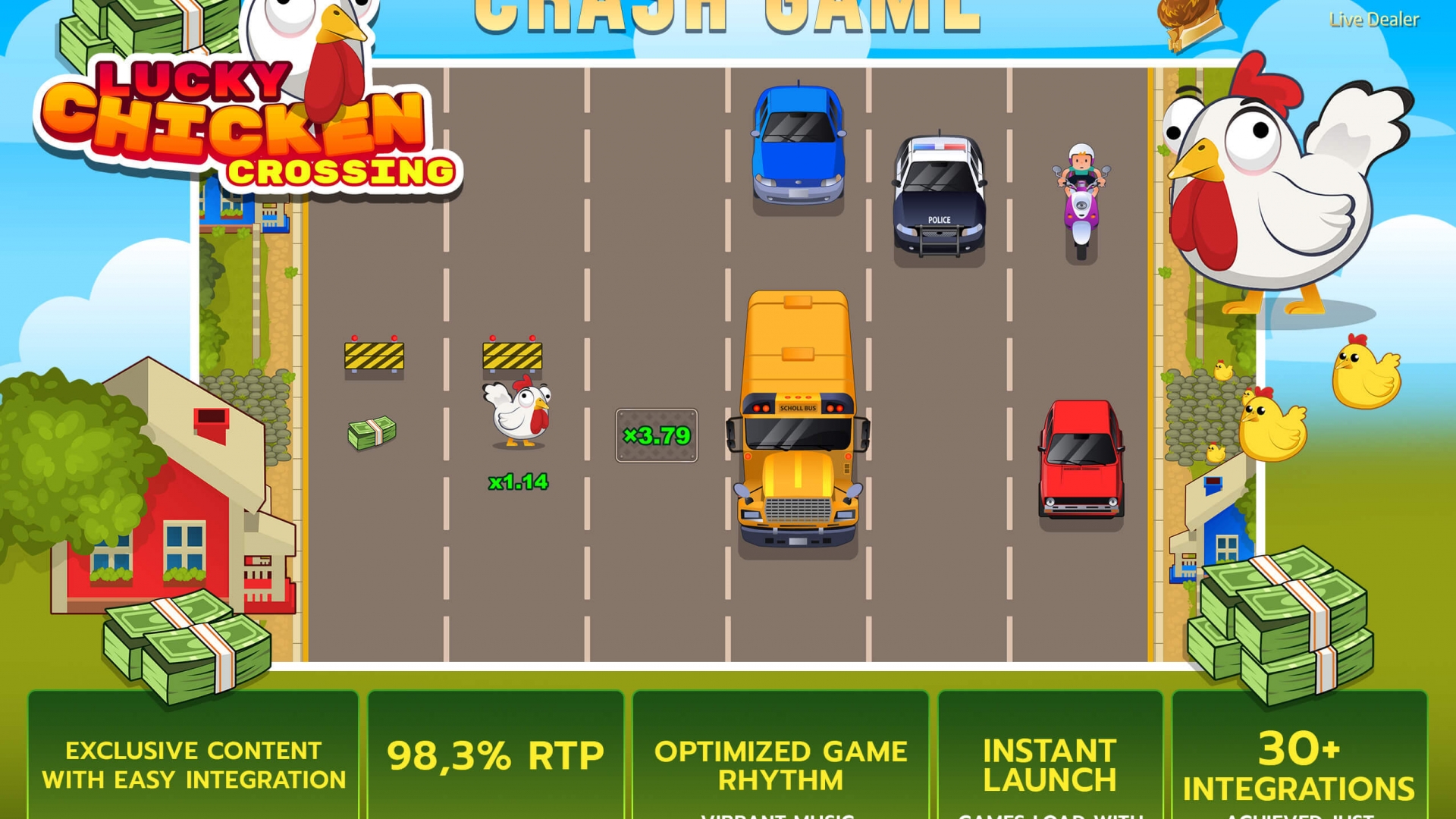 Recursos do jogo crash Lucky Chicken Crossing e visão geral do RTP Gráfico promocional do jogo crash Lucky Chicken Crossing destacando RTP de 98,3% e mecânicas de lançamento instantâneo.