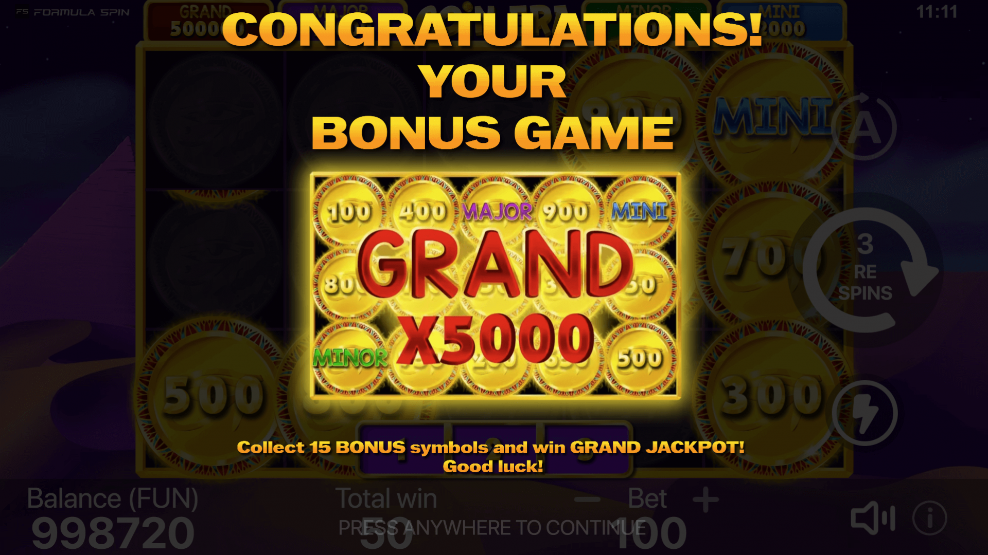 Inicio del Juego de Bonificación de Coin Era – Función de Bonificación de la Tragamonedas Formula Spin Una captura de pantalla mostrando el inicio del juego de bonificación en Coin Era: Hold to Win, donde los jugadores pueden activar emocionantes funciones de bonificación para obtener mayores recompensas.