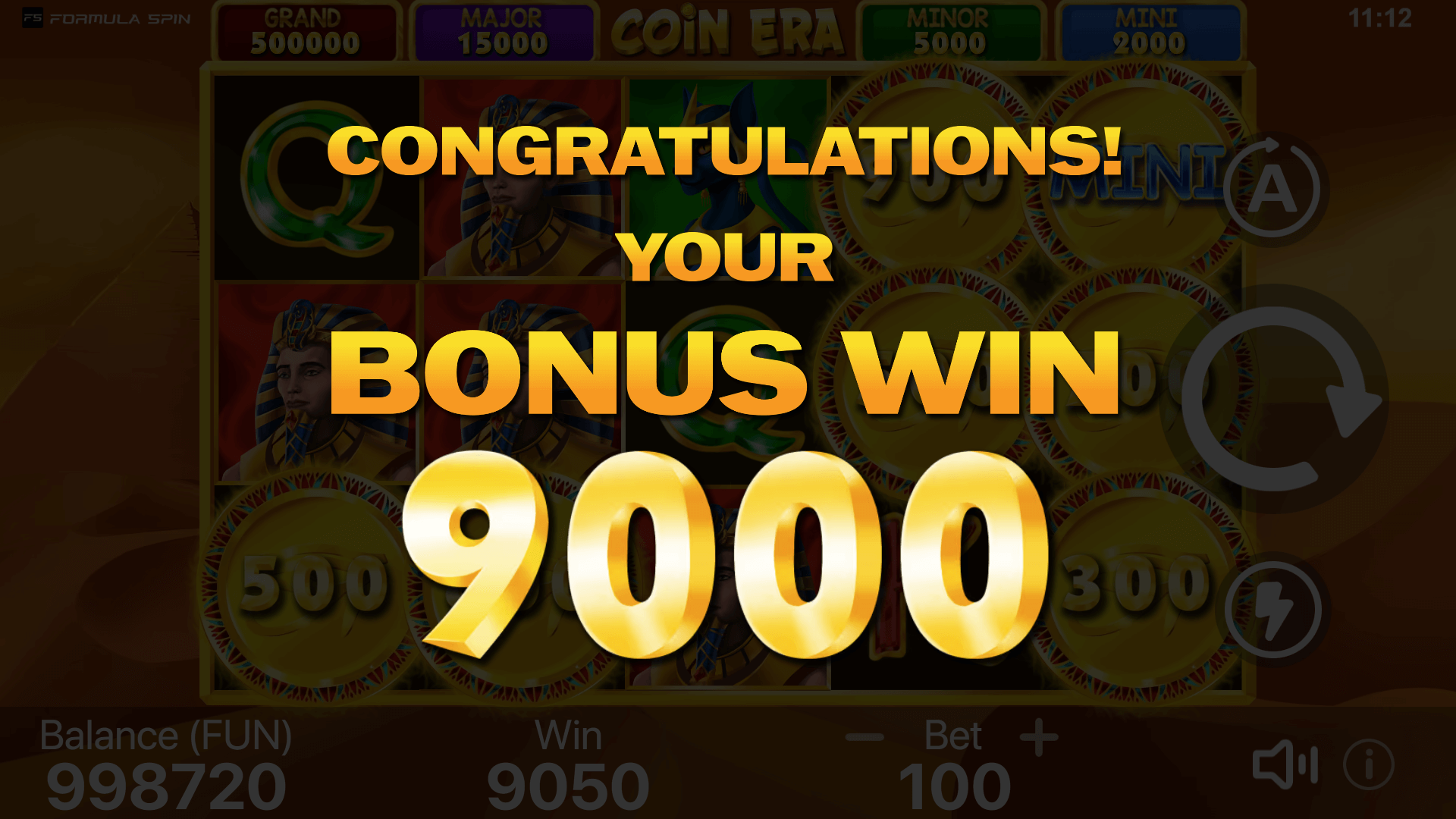 Victoria en el Juego de Bonificación de Coin Era – Grandes Recompensas de la Tragamonedas Formula Spin Una captura de pantalla mostrando un gran premio durante el juego de bonificación de Coin Era, con los jugadores celebrando sus recompensas en esta tragamonedas de Formula Spin.