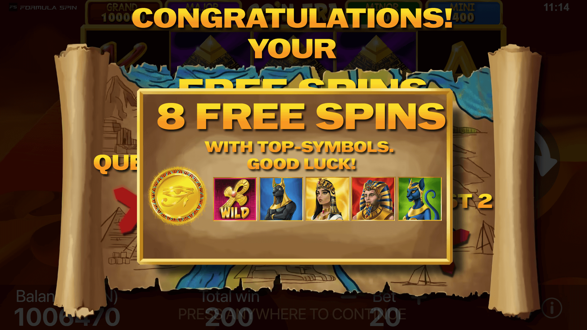 Inicio de Giros Gratis de Coin Era – Activación de la Función de la Tragamonedas Formula Spin Una captura de pantalla mostrando el inicio de la función de Giros Gratis en Coin Era: Hold to Win, donde los jugadores obtienen giros gratuitos para aumentar sus oportunidades de ganar.