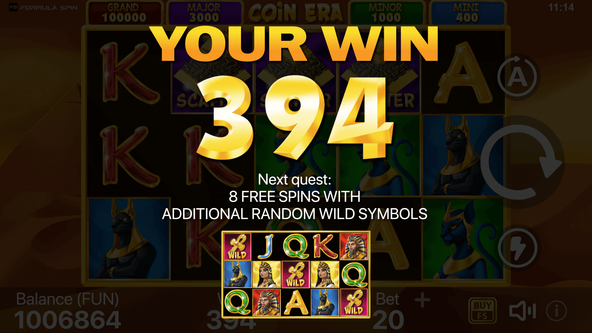 Victoria en los Giros Gratis de Coin Era – Recompensas de Giros Gratis de la Tragamonedas Formula Spin Una captura de pantalla mostrando una victoria durante la ronda de Giros Gratis en Coin Era: Hold to Win, con los jugadores ganando recompensas adicionales.
