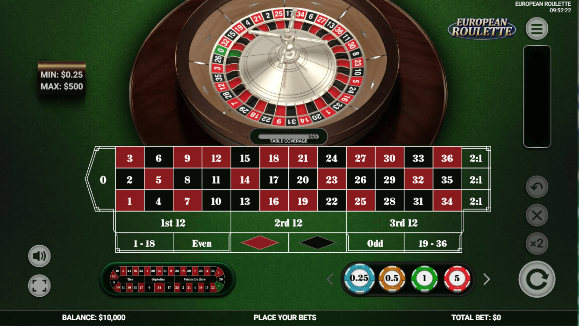 Platipus European Roulette – Uma Experiência Imersiva do Jogo Base O jogo base da European Roulette da Platipus mostrando seu layout elegante e experiência imersiva para jogadores de cassinos online.